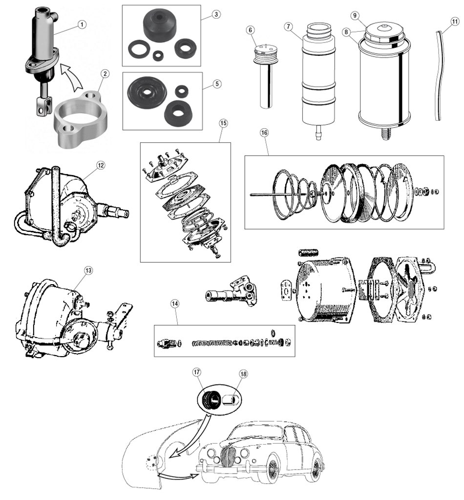 Brake Master Cylinder and Servo, Mk I with Disc Brakes, Mk II